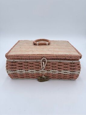 Vintage Dritz Pink Floral Woven Wicker Sewing Basket Pin Cushion W/ Supplies